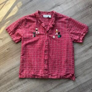 Vintage 90s Embroidered Button Down Women's Plus Size 2X Red Plaid Shop Linen